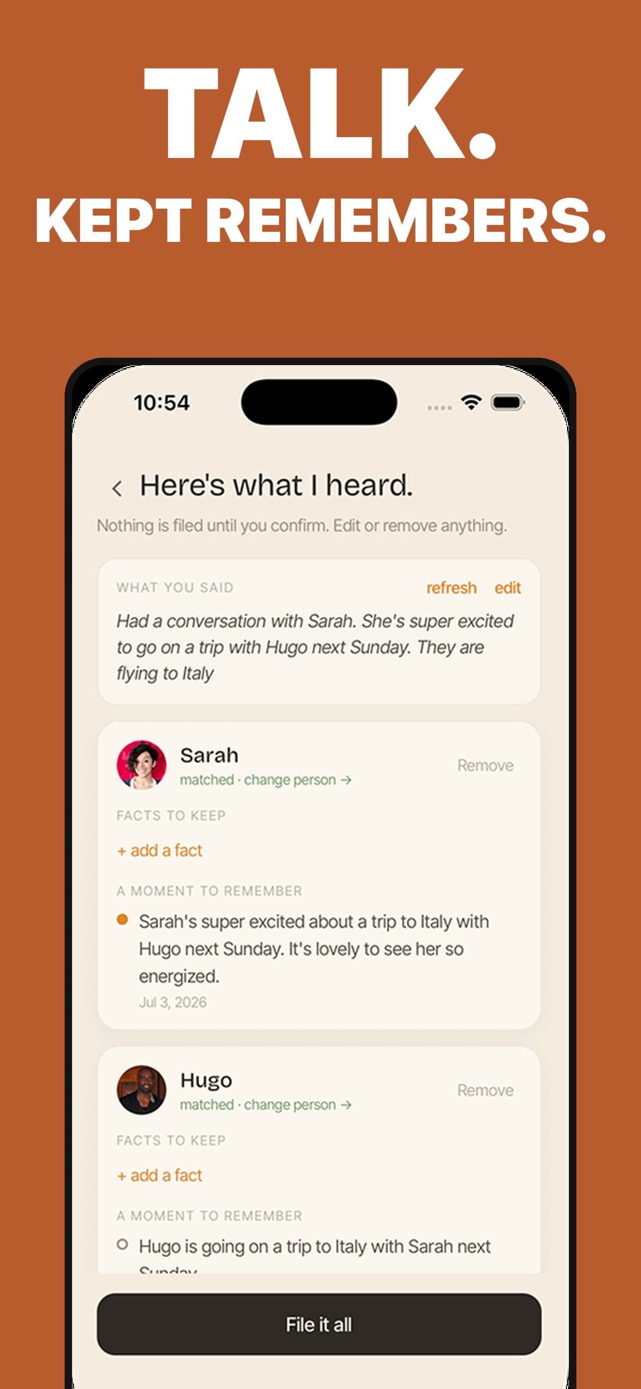 Kept app — voice note reviewed into facts about Sarah and Hugo