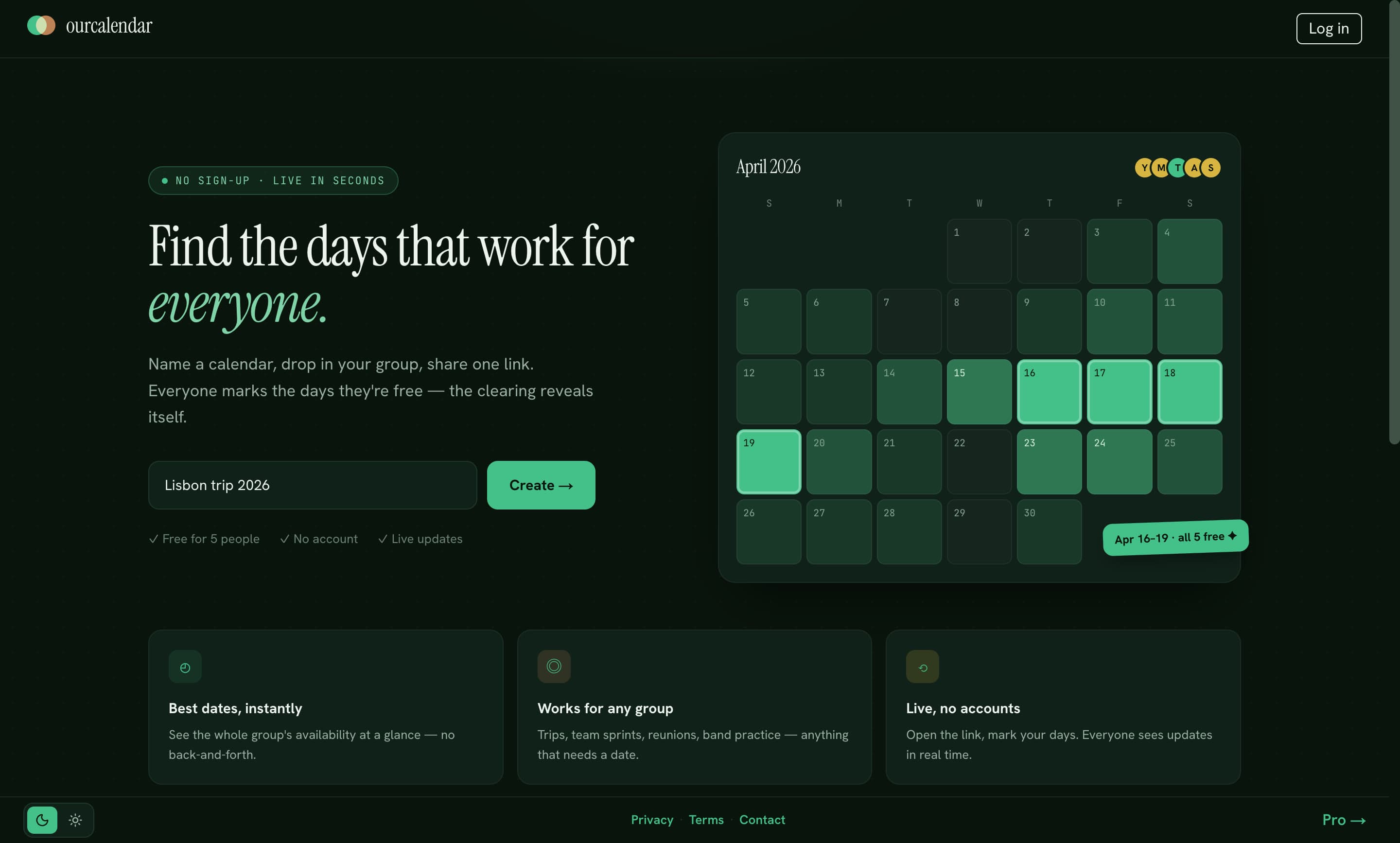 OurCalendar — landing page with a live group availability calendar for April 2026