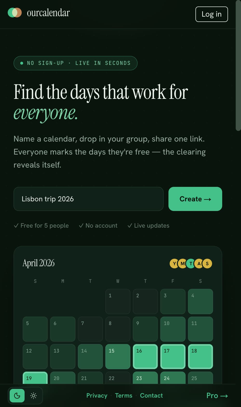 OurCalendar — mobile layout of the landing page